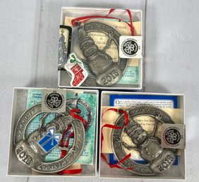 Three Matching Loveland Colorado Pewter Christmas Ornaments, Signed & Numbered By Jack Kreutzer