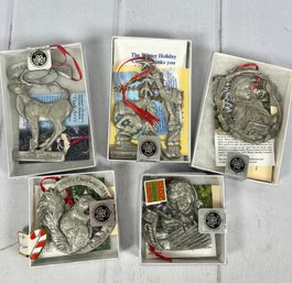 Five Loveland Colorado Pewter Christmas Ornaments, Signed & Numbered By Various Artists