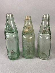 Set Of Three Antique Or Vintage Codd Stopper Bottles With Glass Marble Stoppers