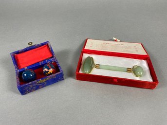 Chinese Boading Stress Balls And Jade Facial Messaging Roller, Original Boxes