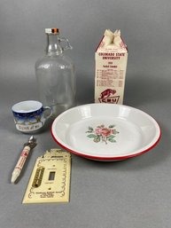 Miscellaneous Vintage Kitchen Dining Items Including A Mustache Cup, Root Beer Bottle & Enamelware Dish
