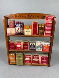 Awesome Hanging Spice Rack & Many Antique Or Vintage Spice Cans, Jars, & Containers