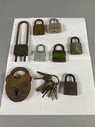 Set Of 8 Antique And Vintage Padlocks And Keys, Slaymaker, Master, Independent Lock Company