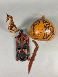 Lot Of Wooden Handiwork, Carvings, Mask, Figurines, Letter Opener, Toucan, Giraffe, Gourd