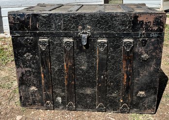 Gorgeous Vintage Black Wooden And Metal Steamer Trunk With Leather Handles And Artwork On The Inside Lid