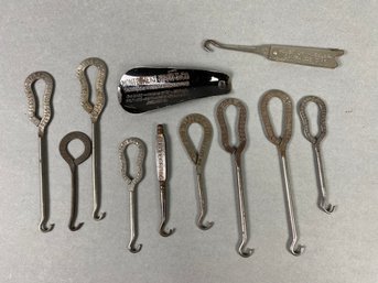 Ten Shoe Or Button Hooks & A Shoe Horn With Advertising, JC Penney, House Of Wheeler