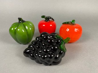 Set Of 4 Pieces Of Glass Fruit & Vegetables, Apple, Green Pepper, Orange And Grapes