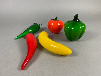 Set Of 5 Pieces Of Glass Fruit And Vegetables, Peppers, Banana, Orange