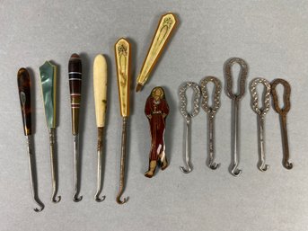 Ten Antique Or Vintage Shoe Or Button Hooks, A Pin Or Brooch & More