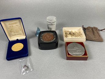Miscellaneous Vintage Travel Souvenirs & Collectibles Including A Medal Of Merit, Coasters, Musket Balls