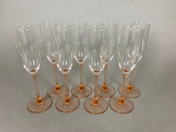 Vintage, Set Of 8 Pink Depression Elegant Glass Champagne Flutes, Cristal D'Arques-Durand Rose Pattern