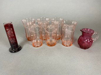 Vintage, Set Of 6 Pink Depression Or Elegant Glass Tumblers With Ruby Vase And Creamer