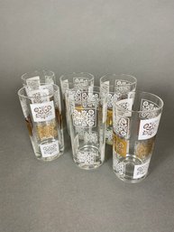 Set Of 6 Mid-Century Vintage Highball Or Water Glass Tumbler, Gold Flowers, Continental Can Co