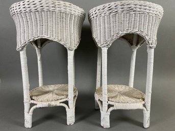 Pair Of Vintage White Wicker Porch Patio Table Or Shelf, Outdoor, Plant Stand, Round Top