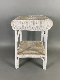 Vintage White Wicker Porch Patio Table Or Shelf, Outdoor, Plant Stand