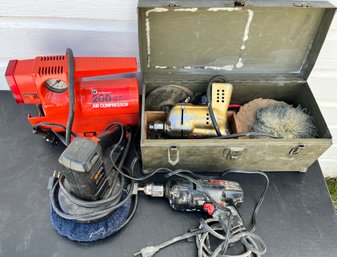 Lot Of Powertools- Includes An Air Compressor, Two Buffers, And A Drill