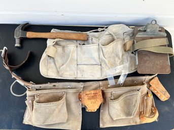 Lot With Two Canvas/leather Tool Belts, A Vintage Measuring Tape, And More
