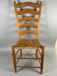 Antique Sturdy Wooden Ladder Back Woven Rush Cane Seat Chair Farmhouse Pencil Leg, Lot 3