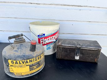 Lot Of Vintage Garage Items- Including A Galvanized Can, A Metal Box, And A Pulley And Chain