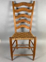 Antique Sturdy Wooden Ladder Back Woven Rush Cane Seat Chair Farmhouse Pencil Leg, Lot 5