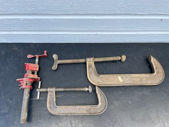 Two Large Vintage Cincinnati Tool Company C-clamps And One Pipe Clamp