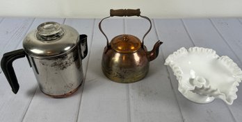 Cute Vintage Kitchenware Decor, Includes A Revere Ware Coffee Percolator, Copper Teapot, And Milk Glass