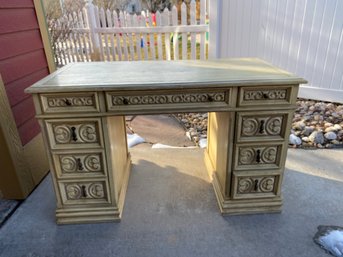 Solid Desk By United Furniture Corporation, Blonde Green, Embossed Drawers, Black Pulls