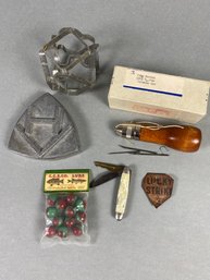 Miscellaneous Vintage Items Including A Sewing Awl For Canvas & Leather, A Cookie Cutter, Pocket Knife