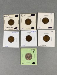 Six Lincoln Wheat Cents, Various Years & Mint Marks & A 1941 Nickel With Denver Mint Mark
