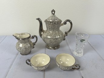 Elegant Silver And White Bavaria 36 Porcelain Tea Set And Small Lennox Etched Crystal Vase