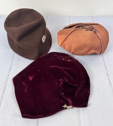 Lovely Set Of Three Burgundy And Brown Vintage Hats- Marked Karo New York And Jaclyn Smith