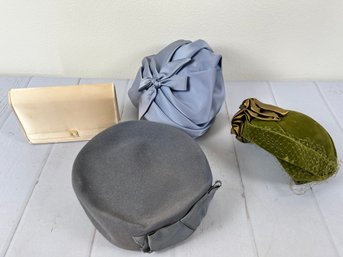 Gorgeous Set Of Three Green And Blue Vintage Hats And A Small Clutch- Brands Include Karo And Valarie Stevens
