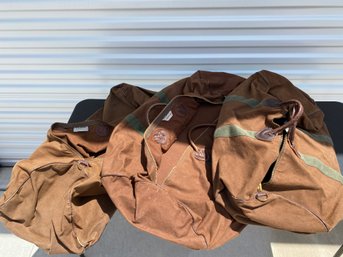Set Of 3 Vintage Brown Canvas LL Bean Duffle Bags With Leather Handles For Travel Or Sports