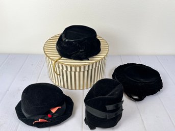 Impressive Set Of Four Black Vintage Hats And A Vintage Circular Hat Box- Marked As Frances