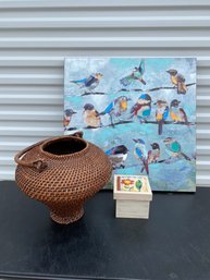 Colorful Bird Painting On Canvas With Hourglass-shaped Basket & Trinket Box