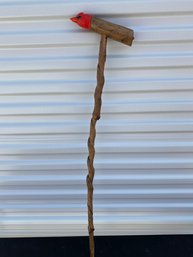 Adorable Hand Carved Folk Art Walking Or Hiking Stick With A Cardinal-shaped Handle, Apple JH97