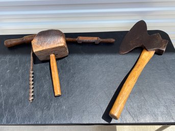 Antique Or Vintage Tools Including A Wood Mallet, Hewing Axe, Borer Or Auger, & Spokeshaver