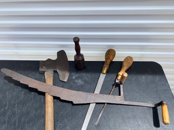 Antique Or Vintage Tools Including An Ice Cutting Knife, Hewing Axe, Screwdriver & File