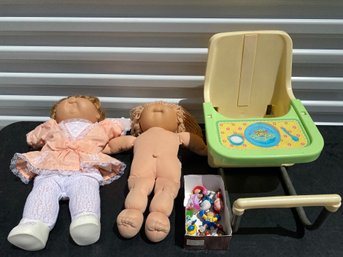 Pair Of Cabbage Patch Dolls With Xavier Roberts Printed Signature, Highchair & Figurines