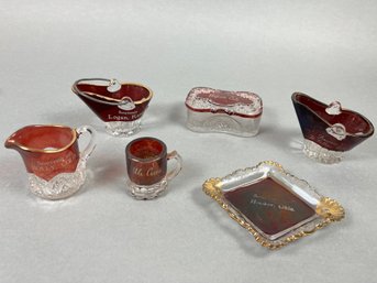 Antique Early 1900s Ruby And Gold Souvenir Glass With Etched Town Names Includes Trinket Box & Trinket Dish