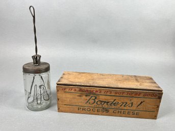 Great Antique Or Vintage Borden's Hand Crank Cream Whipper Butter Churn & Wooden Advertisement Box
