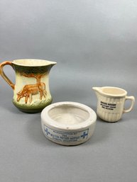 Neat Vintage Or Antique Advertising Ceramic Rabbit Feeder & Creamer And A Roseville Pottery Cow Pitcher