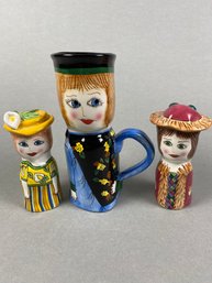Three Ceramic Susan Paley Pieces Including Salt & Pepper Shakers & A Mug Or Pitcher