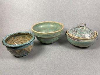 Three Handmade Ceramic Pottery Bowls, Including A Casserole Dish & Mixing Or Serving Bowls