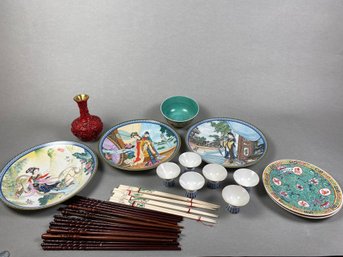 Several Pieces Of Asian Dinnerware & Decor Including A Vase, Small Footed Bowls, Plates, & Chopsticks