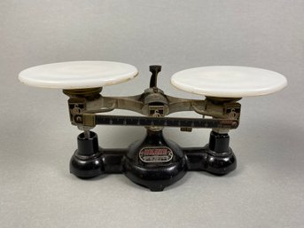 Antique Ohaus Balance Scale With Milk Glass Trays By Williams, Brown & Earle