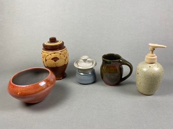 Ceramic Pottery Pieces Including A Soap Dispenser, Mug, Jam Jar & Antique Chinese Brownware Vessel