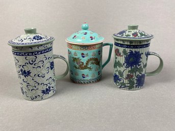 Three Lidded Mugs, Two Have Infusers Or Strainers For Loose Leaf Tea
