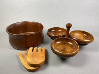 Lebanon Supply Company Wooden Serving Bowl, Salad Forks Or Tongs, & A Lazy Susan With Bowls
