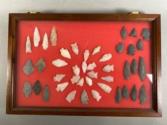 Authentic Native American Arrowhead Collection In Nice, Solid Wood Display Case, Rose Quartz